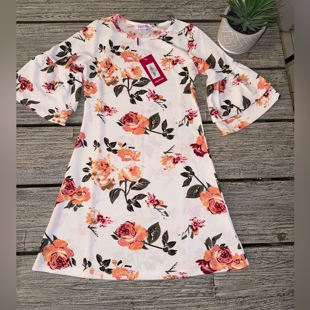 NWT Girls Round Neck Bell Sleeved Mini Dress Floral, Sz 11-12